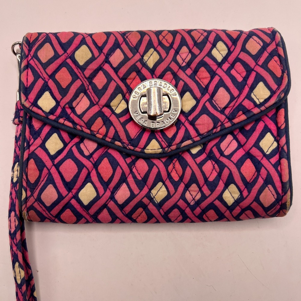 Vera Bradley Ribbons Turnlock Wallet Pink Blue Quilted Cotton Wristlet - Picture 2 of 11